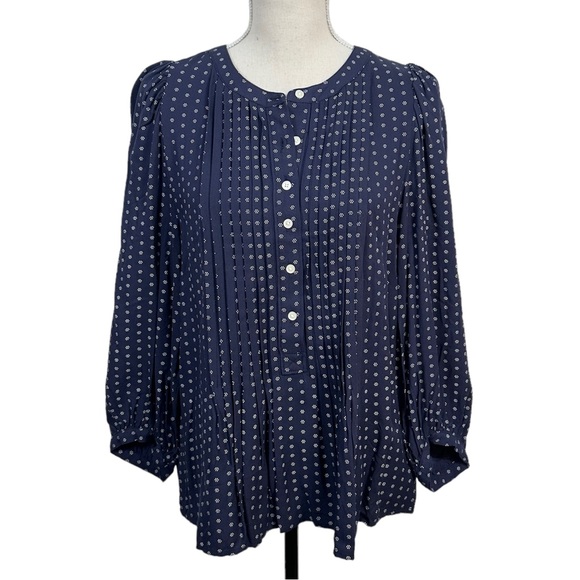 NWT GAP Navy Blue Dot Print Pintuck Pleated Blouse Size M Boho Preppy Office - Picture 2 of 8